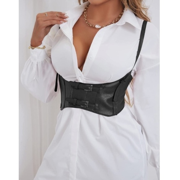 Womens Sexy Steampunk Vegan Black Leather Bustier Underbust Waist Belt Corset - Picture 5 of 7